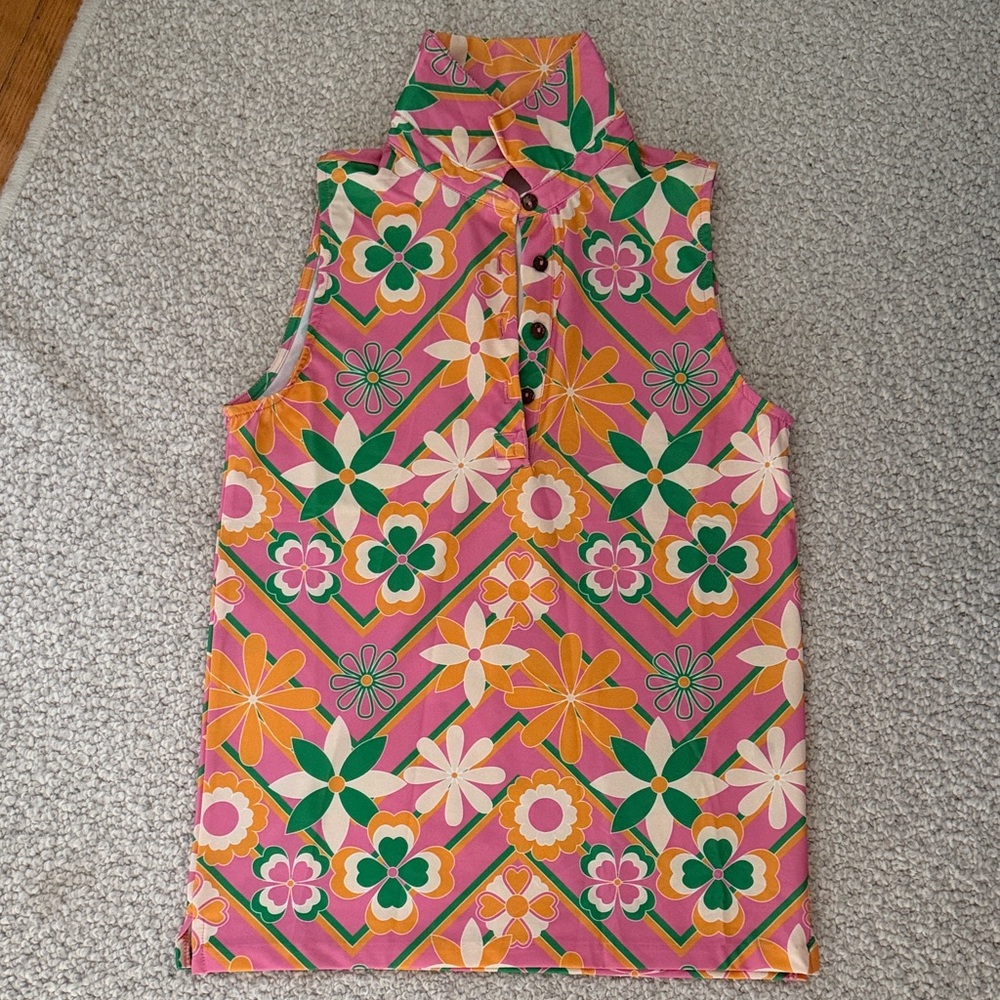 Kenny Flowers Sleeveless Mock Neck Top in Pink, Green, Orange, White